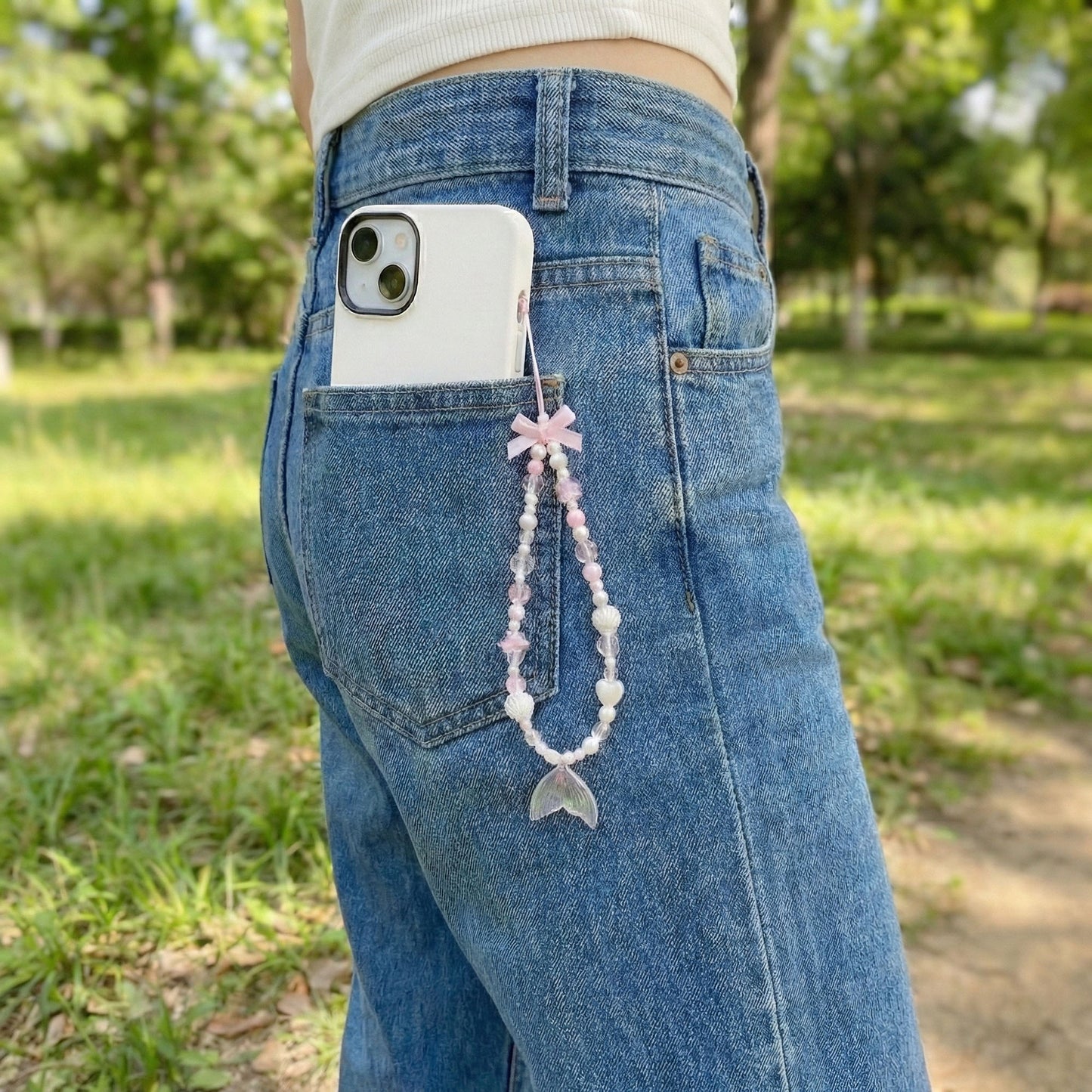 3-PC Iridescent Beaded Phone Charm Strap with Heart Accent