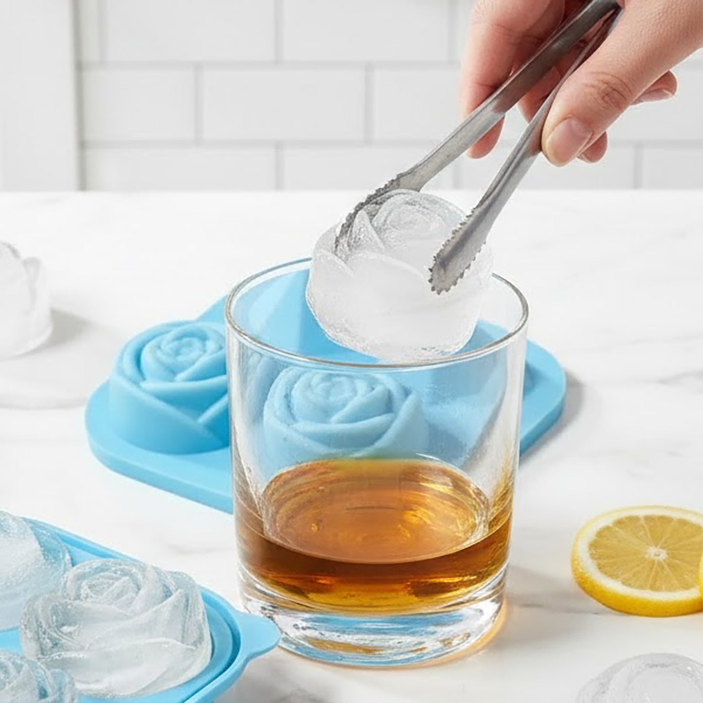 2-PC Large Ice Cube Tray Set with Rose and Diamond Shape Molds Flexible Silicone Easy Release Design
