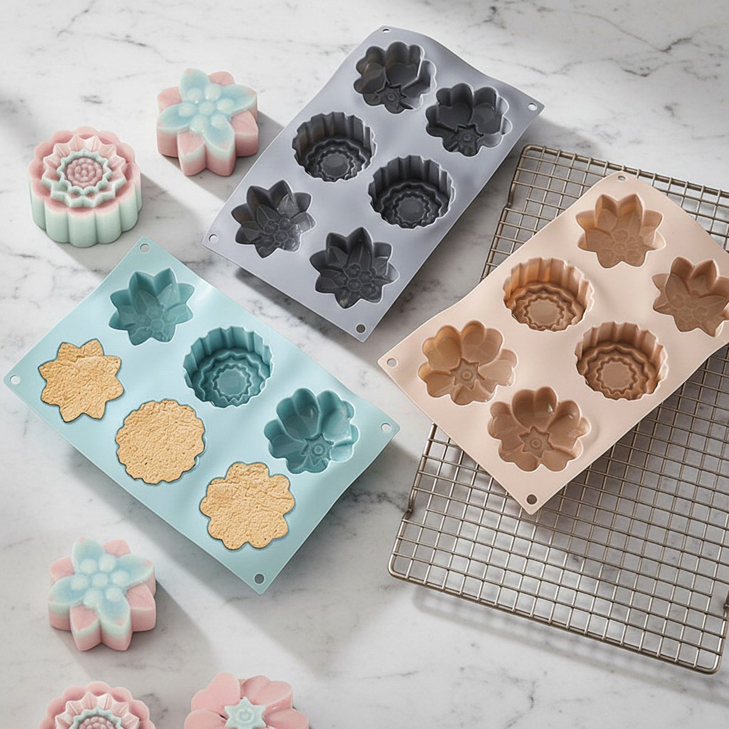 3-Piece Silicone Flower Mold with 6 Floral Cavities Flexible Baking Tray