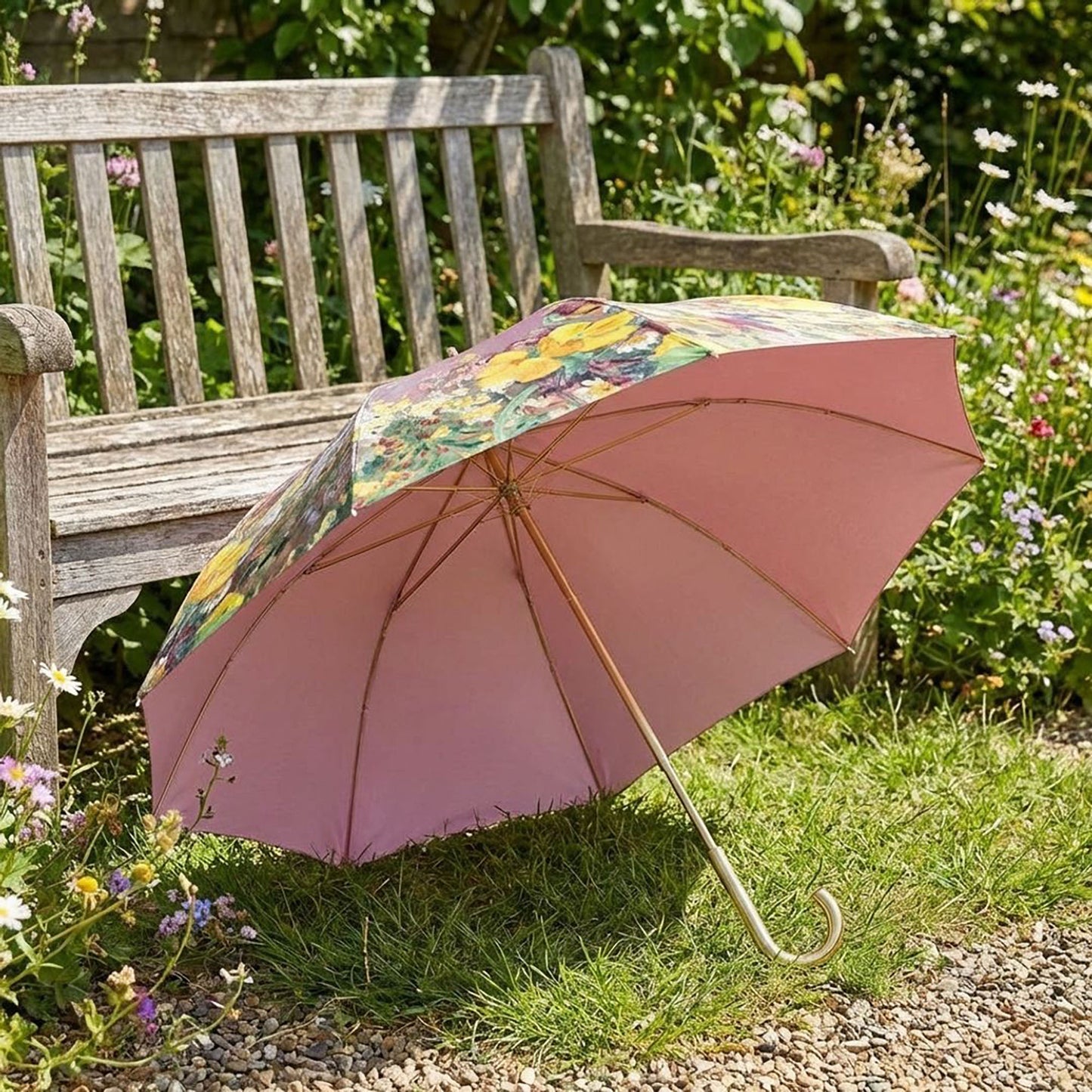 Floral Print Folding Umbrella with Gold Tone Frame Curved Handle and Matching Sleeve