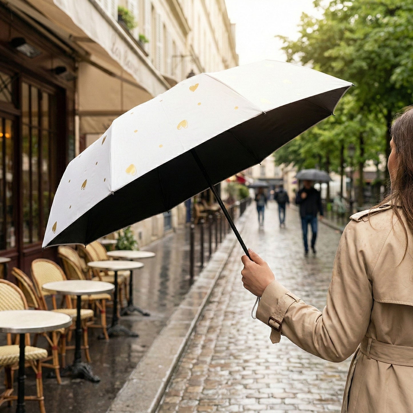 Heart Print Compact Folding Umbrella with Automatic Open Wind Resistant Frame and Wrist Strap