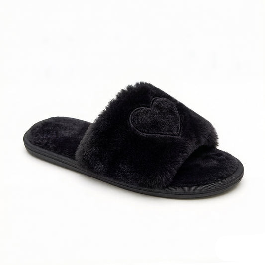 Plush Heart Detail Slide Slippers with Cushioned Sole
