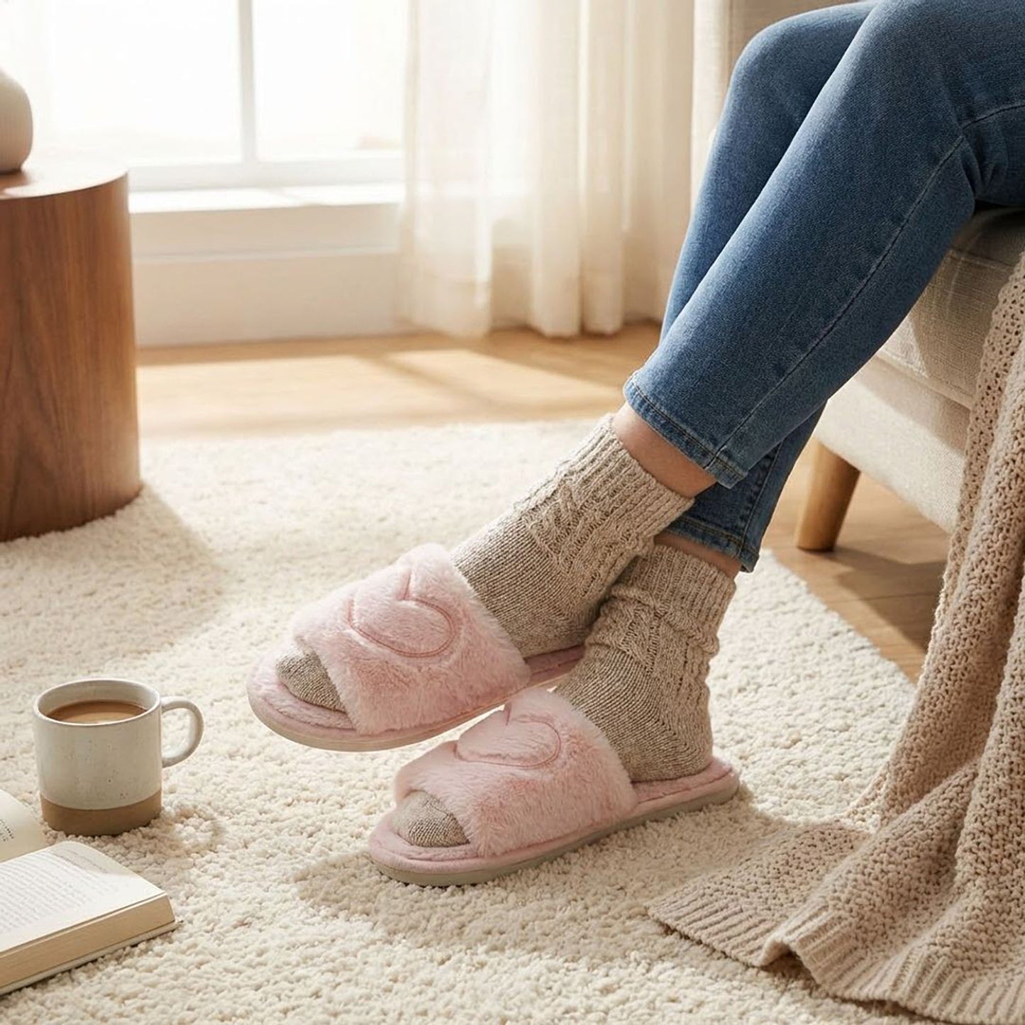 Plush Heart Detail Slide Slippers with Cushioned Sole