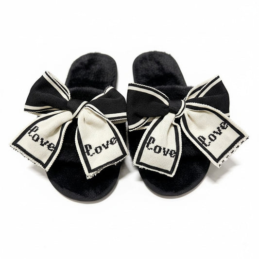 Plush Slide Slippers with Bow and Graphic Detail