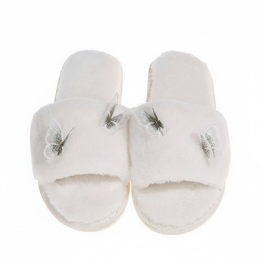 Plush Slide Slippers with Embroidered Butterfly Detail