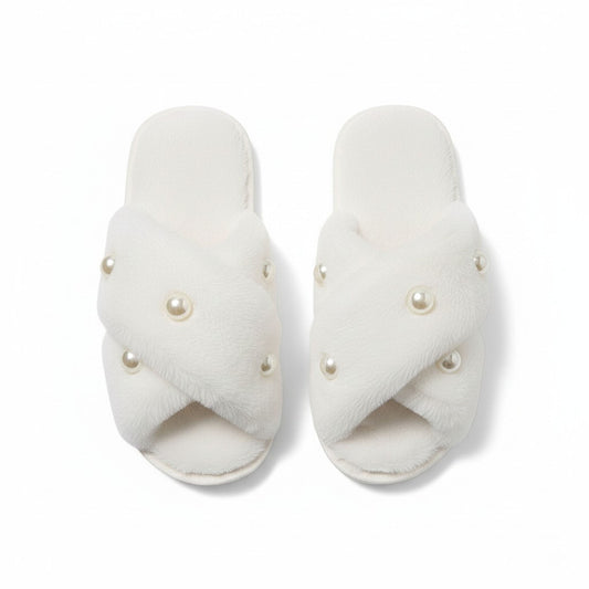 Plush Slide Slippers with Pearl Embellishment Detail