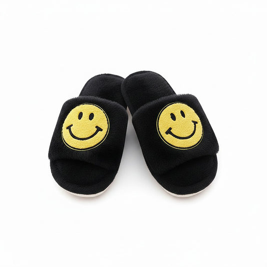 Plush Slide Slippers with Smiley Graphic Detail