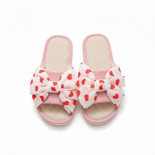 Indoor Slide Slippers with Heart Print Bow Detail