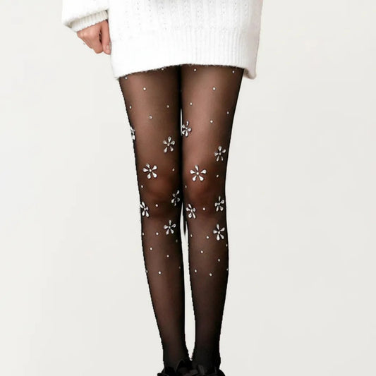 Sheer Floral Rhinestone Tights, Stretch Fit Lightweight Sparkle Flower Pantyhose Stockings
