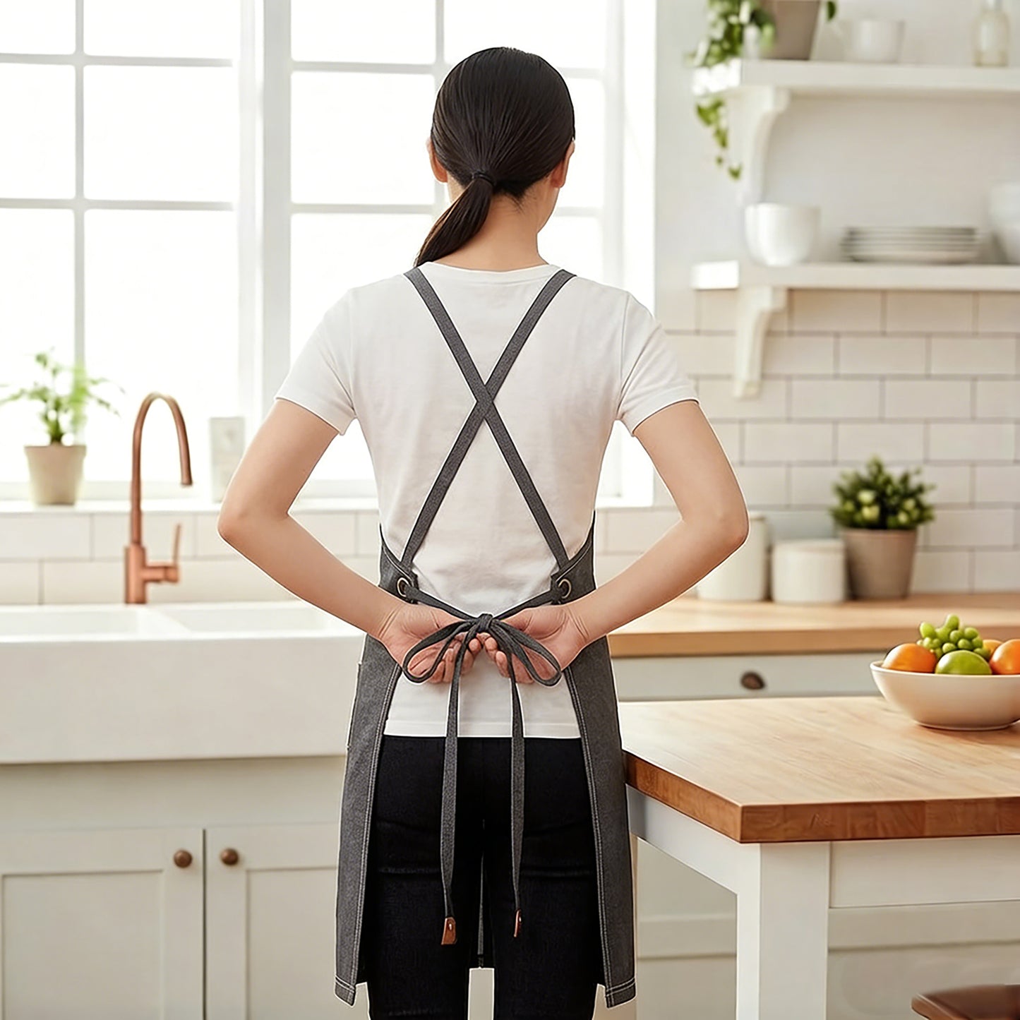 Cotton Kitchen Apron with Adjustable Cross Back Straps Multi Pocket Cooking Apron