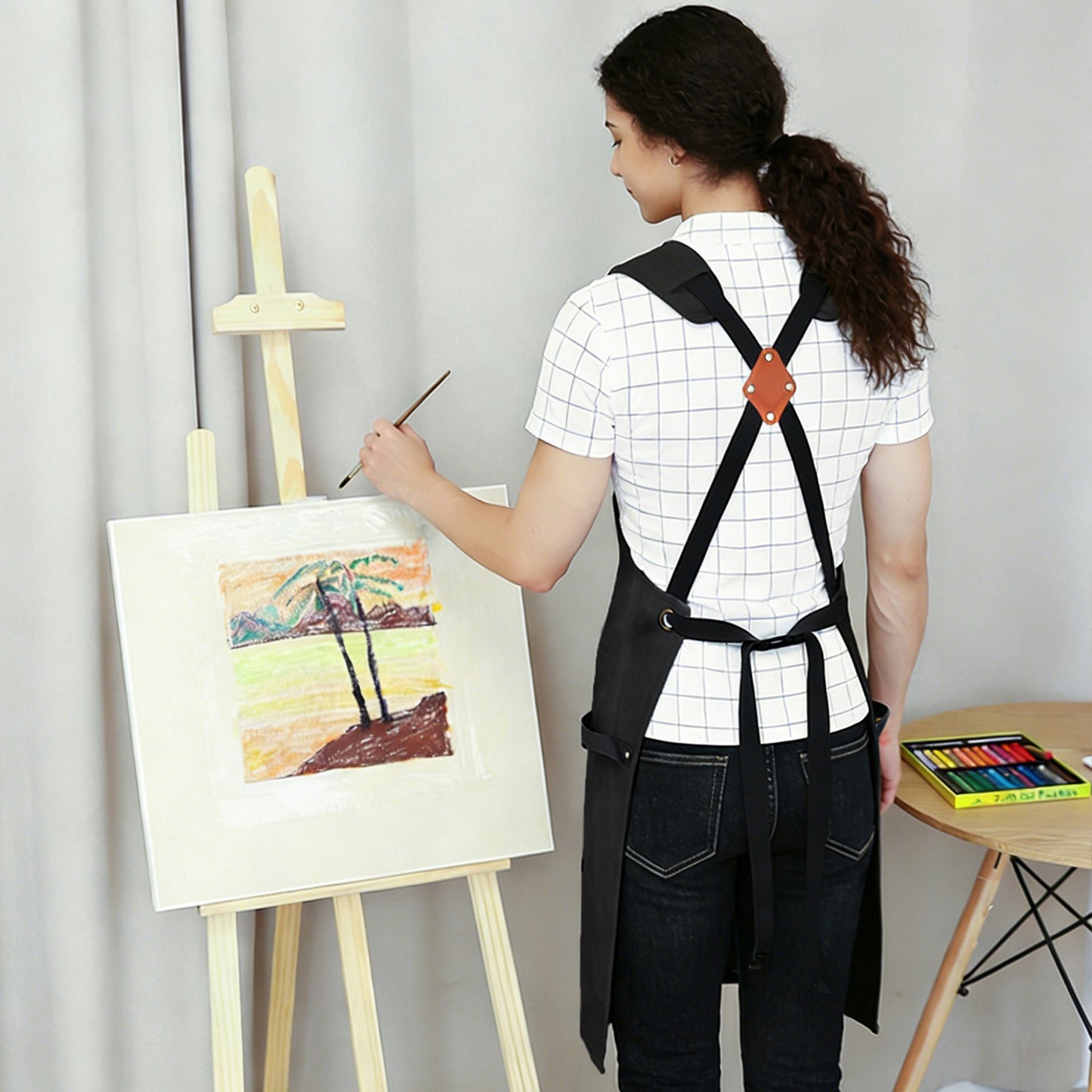 Cotton Kitchen Apron with Adjustable Cross Back Straps Multi Pocket Utility Apron for Cooking Baking