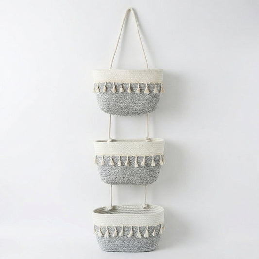3 Tier Hanging Storage Basket Cotton Rope Wall Organizer Tassel Decorative Storage