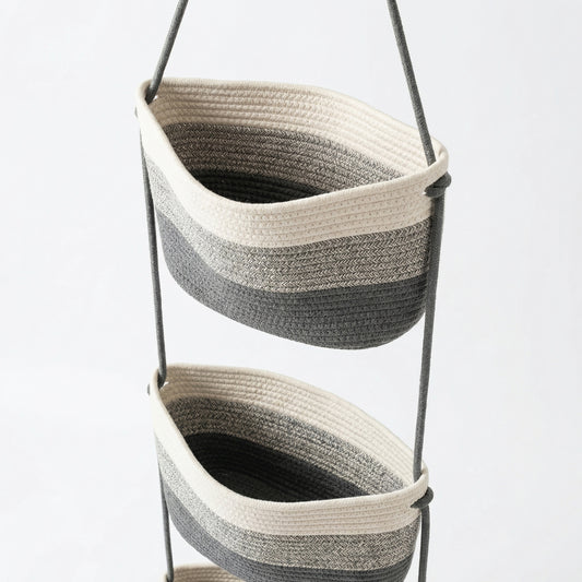 3 Tier Hanging Storage Basket Cotton Rope Wall Organizer Neutral Space Saving Storage