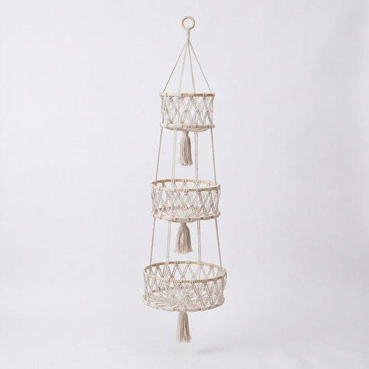 3 Tier Macrame Hanging Storage Basket Cotton Rope Wall Organizer Boho Space Saving Storage