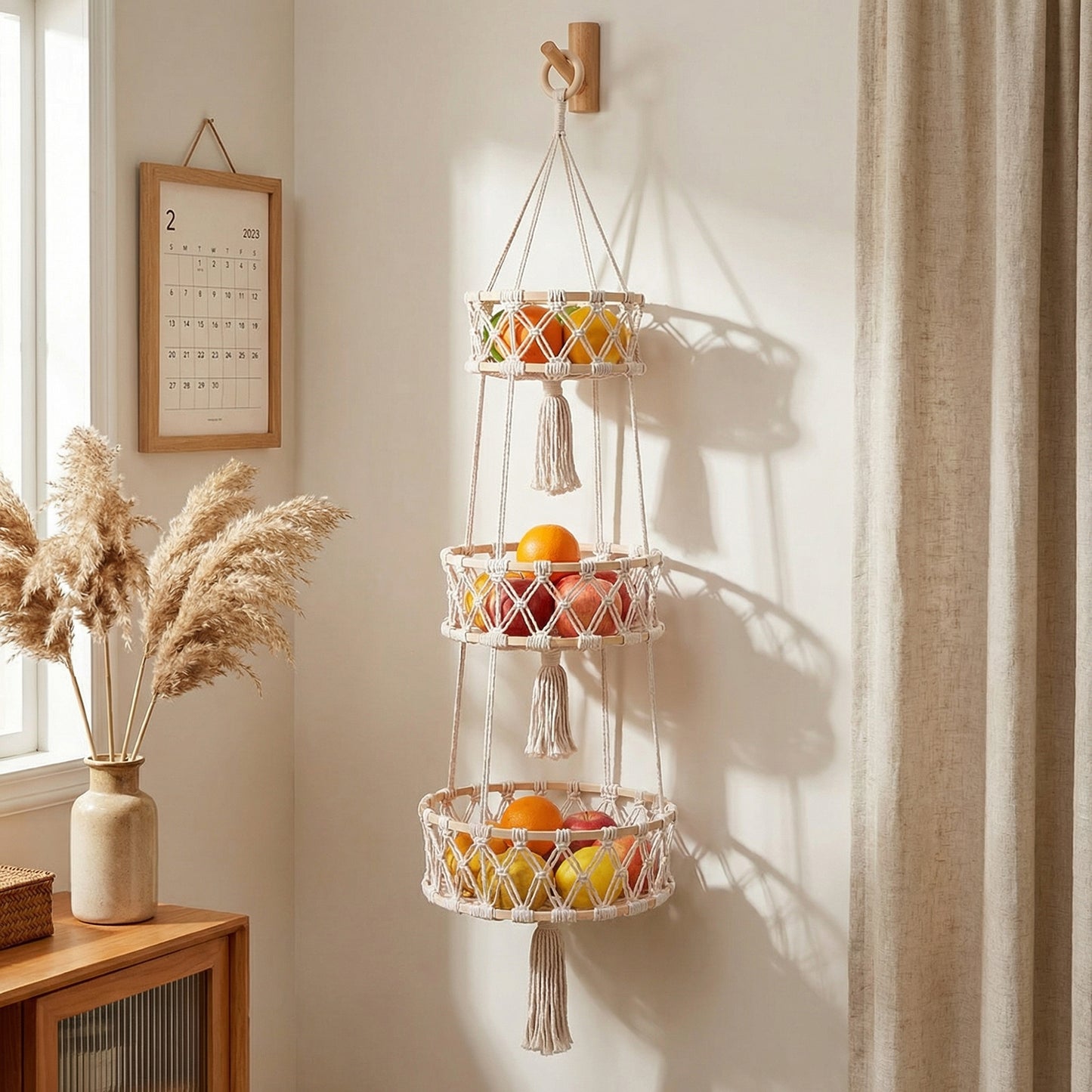 3 Tier Macrame Hanging Storage Basket Cotton Rope Wall Organizer Boho Space Saving Storage