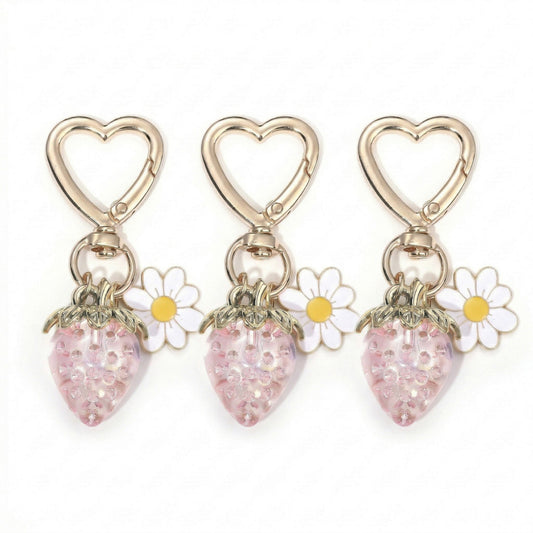 3 Pcs Strawberry Charm Keychain Set with Daisy Pendant and Heart Clip Decorative Bag Charm