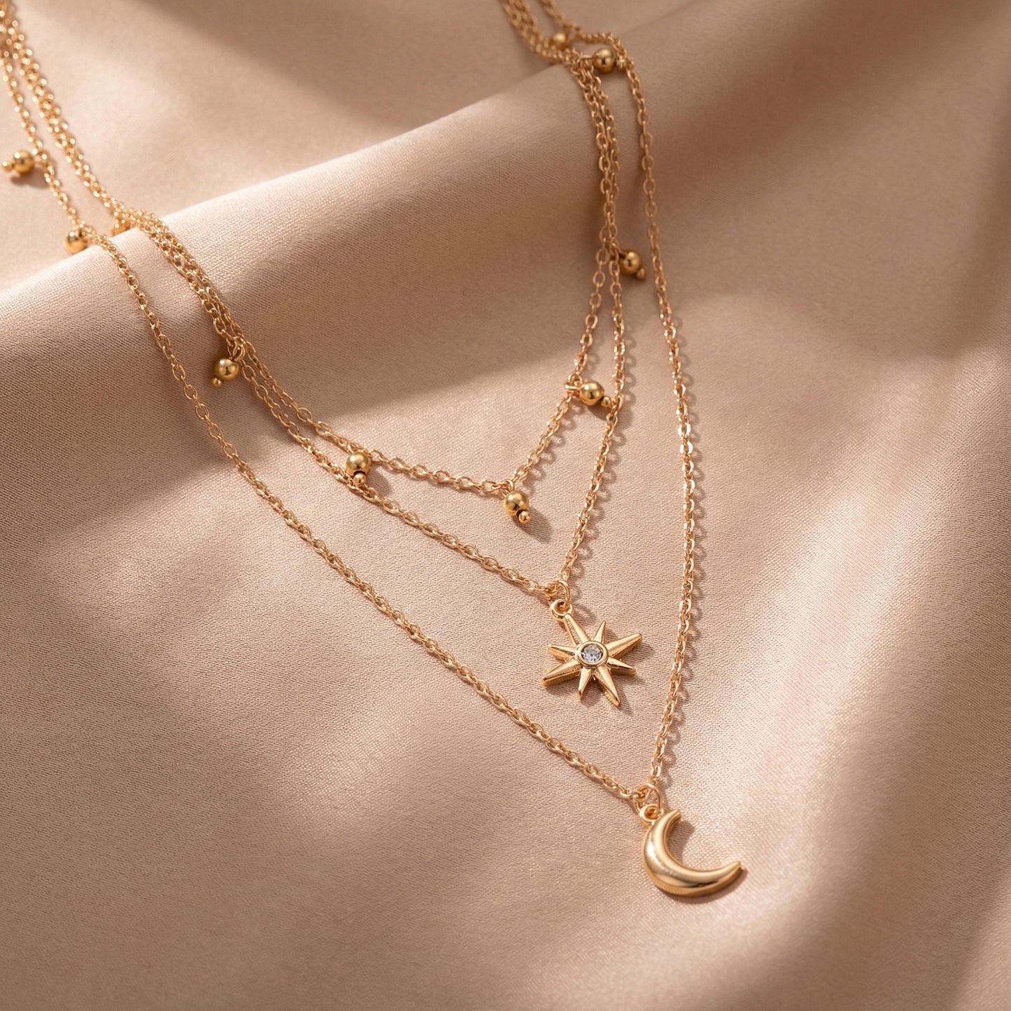Layered Necklace with Star and Moon Pendant Crystal Accent Multi Strand Adjustable Chain Jewelry