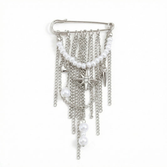 Safety Pin Brooch Chain Fringe Tassel Pearl Bead Detail Star Charm Design
