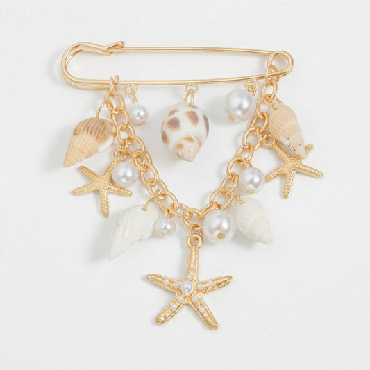Safety Pin Brooch Seashell Charm Starfish Pendant Pearl Accent Chain Detail