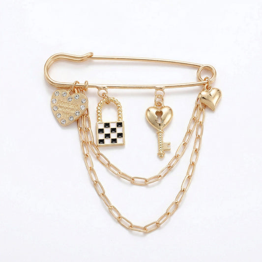 Safety Pin Brooch Heart Charm Key Pendant Lock Detail Chain Accent Design