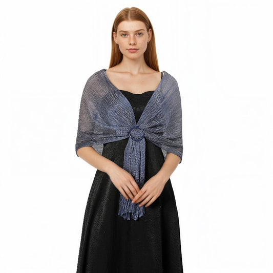 Shimmer Knit Shawl Wrap with Ring Detail and Fringe Hem 17.5x63in