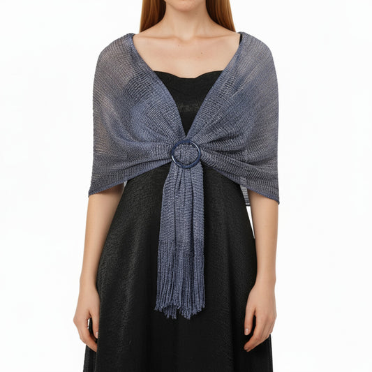 Shimmer Knit Shawl Wrap with Ring Detail and Fringe Hem 17.5x63in