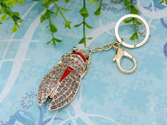 Red Enamel Grey Gold Cicada Fly Insect Bug Wing Clip Keychain