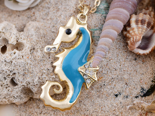 Petite Blue Enamel Sea Horse Pendant Necklace