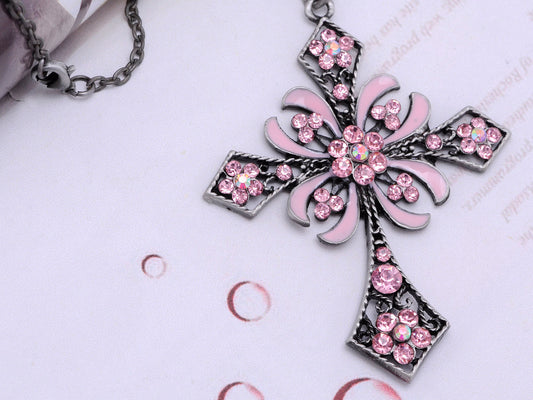Pink Rose Daisy Flower Enamel French Fleur De Lis Holy Cross Pendant Necklace