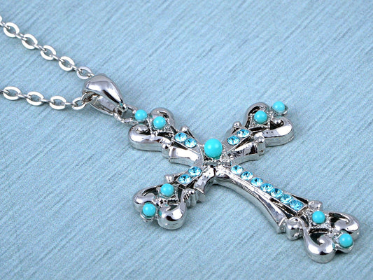 Ornate Cross Pendant Necklace White Black Blue Green Pink