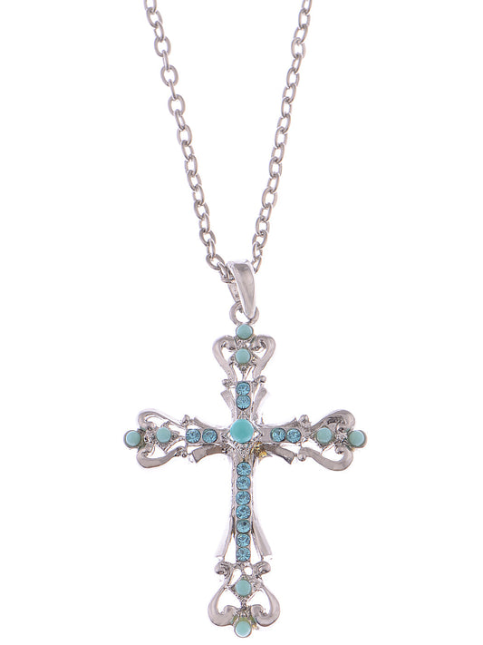 Ornate Cross Pendant Necklace White Black Blue Green Pink
