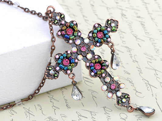 Multi Colored Beaded Holy Cross Tear Drops Necklace Pendant