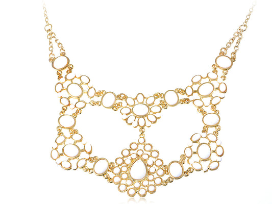 Festival Gold Tribal Ethnic White Bead Bib Sunburst Cluster Chain Floral Flower Necklace