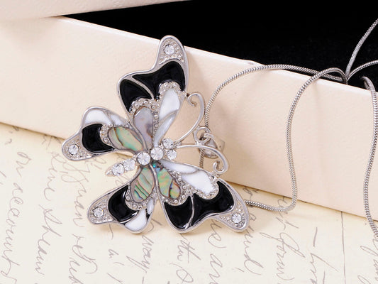 Abalone Colored Black White Butterfly Pendant Necklace