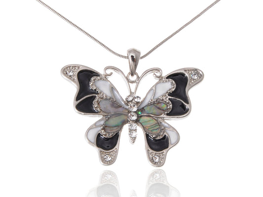Abalone Colored Black White Butterfly Pendant Necklace