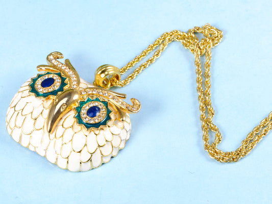 Rhine Enamel Painted Owl Head Pendant Necklace