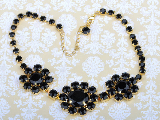 Jet Black Sunflower Dahlia Bohemian Circular Gothic Element Necklace