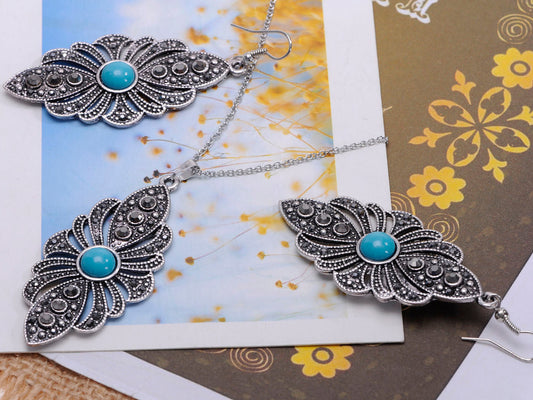 Leaf Turquoise Gray Necklace Earring Set