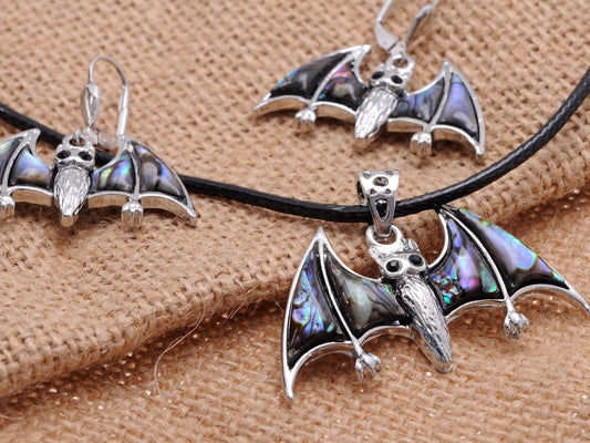 Abalone Colored Bat Vampire Necklace & Earrings Halloween Set