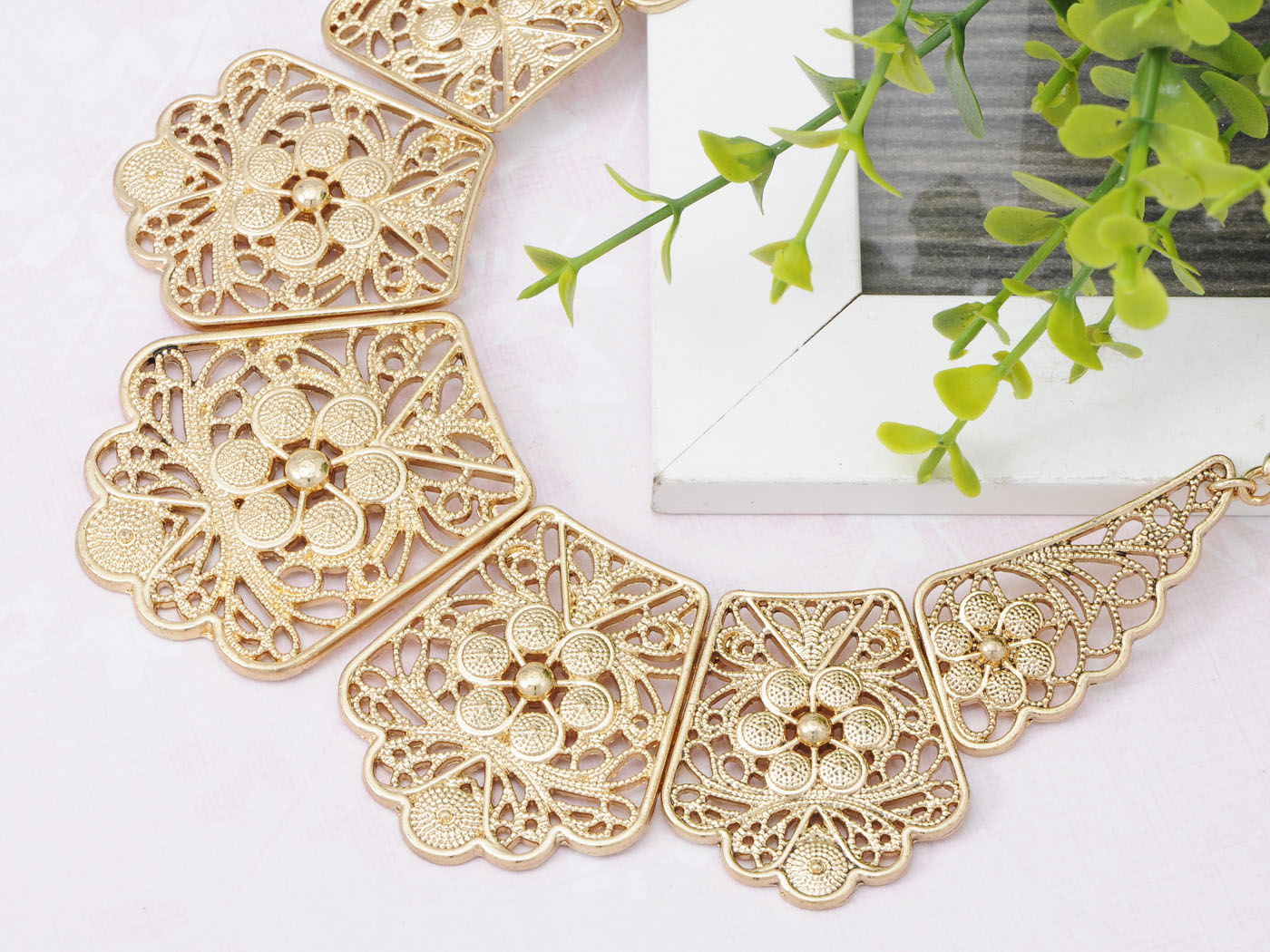 Matte Filigree Floral Cut Out Statement Bib Collar Necklace
