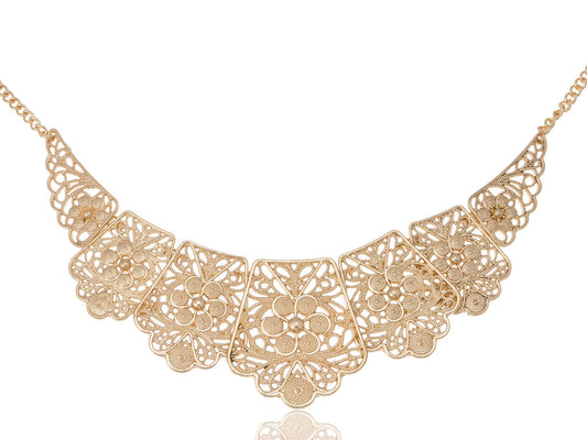 Matte Filigree Floral Cut Out Statement Bib Collar Necklace