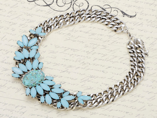 Retro 1960S Choker Blue Bead Pendant Two Chain Link Necklace