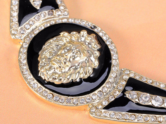 Royal Black Enamel Sculpted Lion Pendant Accented Necklace