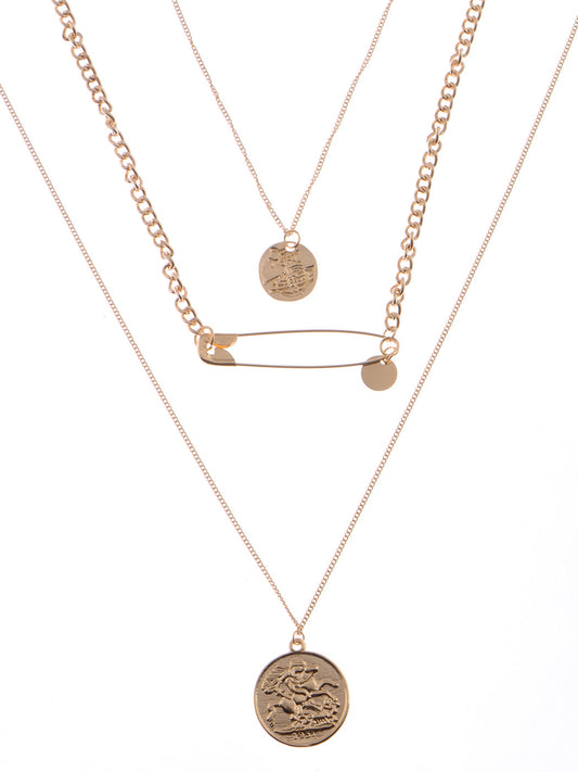 Multi Layered Dangling Safety Pin Coin Pendant Medallion Boho Charms Necklace