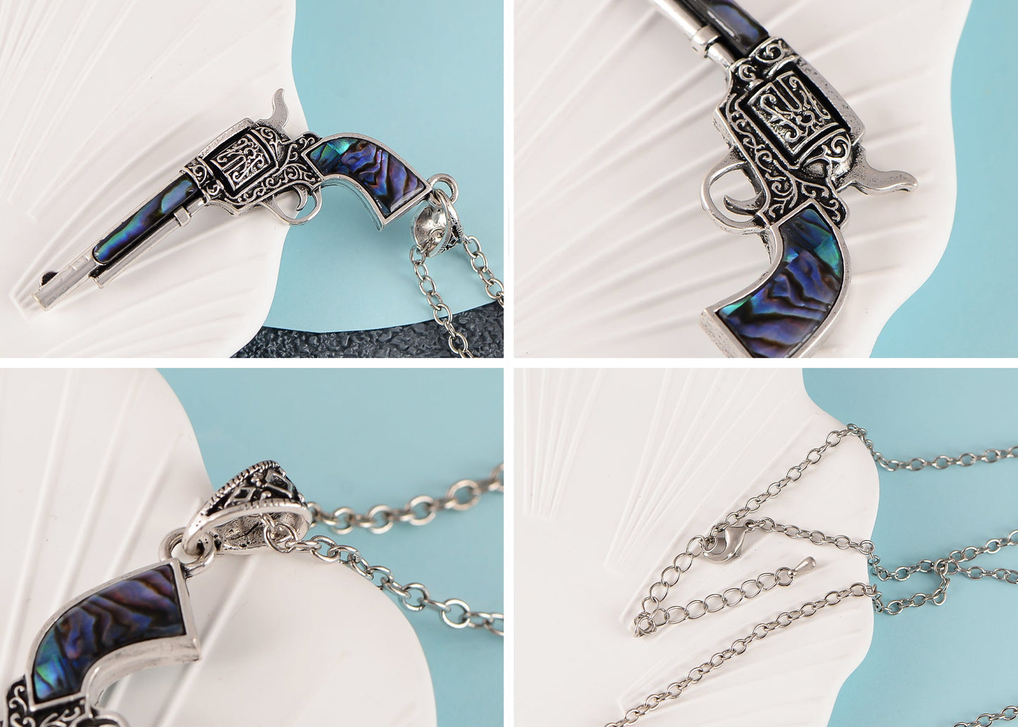 Alilang Antiqued Silvery Tone Abalone Shell Revolver Pistol Gun Pendant Necklace for Women Men