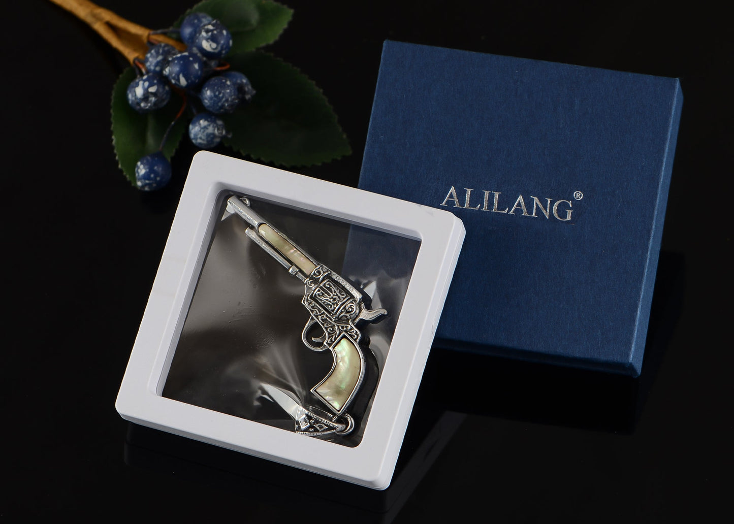 Alilang Antiqued Silvery Tone Abalone Shell Revolver Pistol Gun Pendant Necklace for Women Men