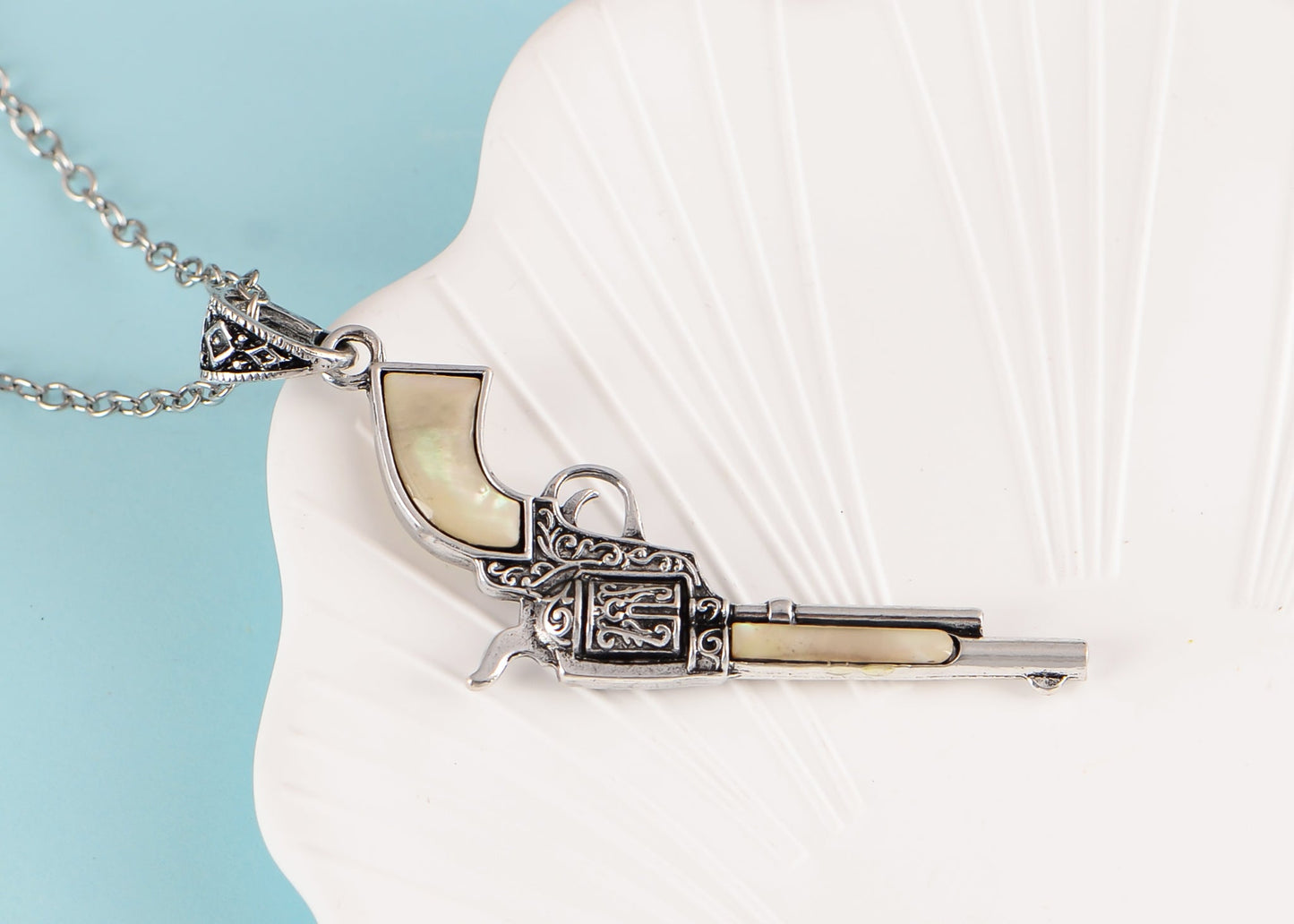 Alilang Antiqued Silvery Tone Abalone Shell Revolver Pistol Gun Pendant Necklace for Women Men