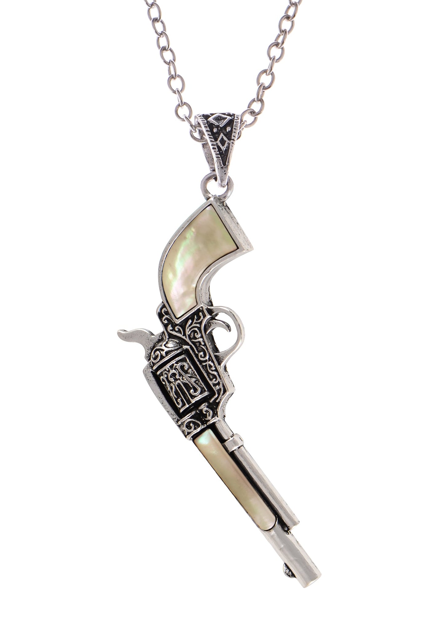Alilang Antiqued Silvery Tone Abalone Shell Revolver Pistol Gun Pendant Necklace for Women Men