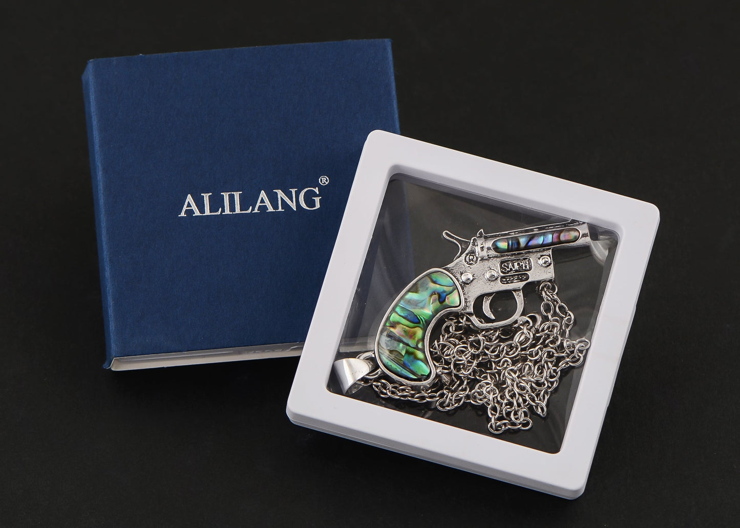 Alilang Antiqued Silvery Tone Abalone Shell Revolver Pistol Gun Pendant Necklace for Women Men