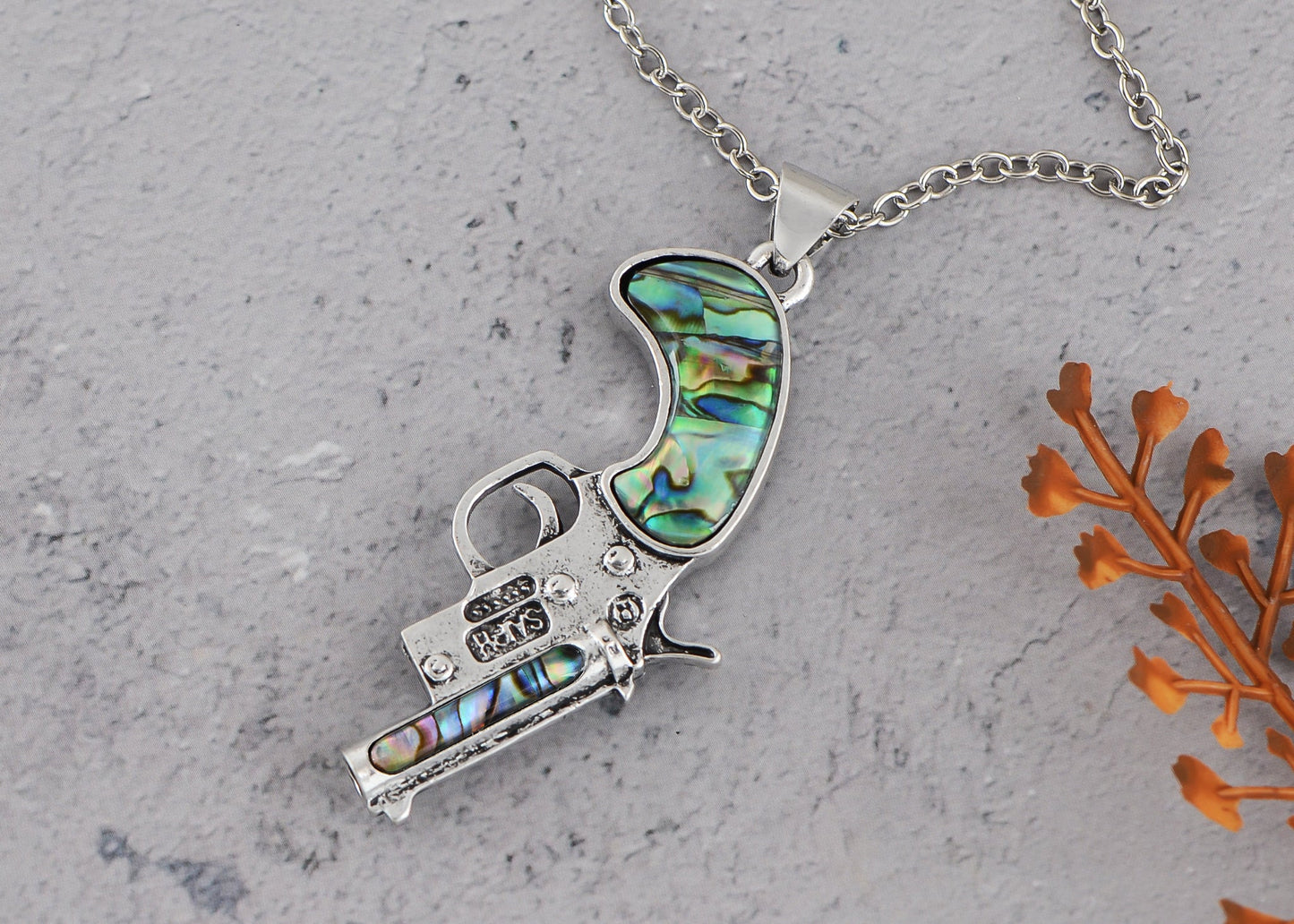 Alilang Antiqued Silvery Tone Abalone Shell Revolver Pistol Gun Pendant Necklace for Women Men